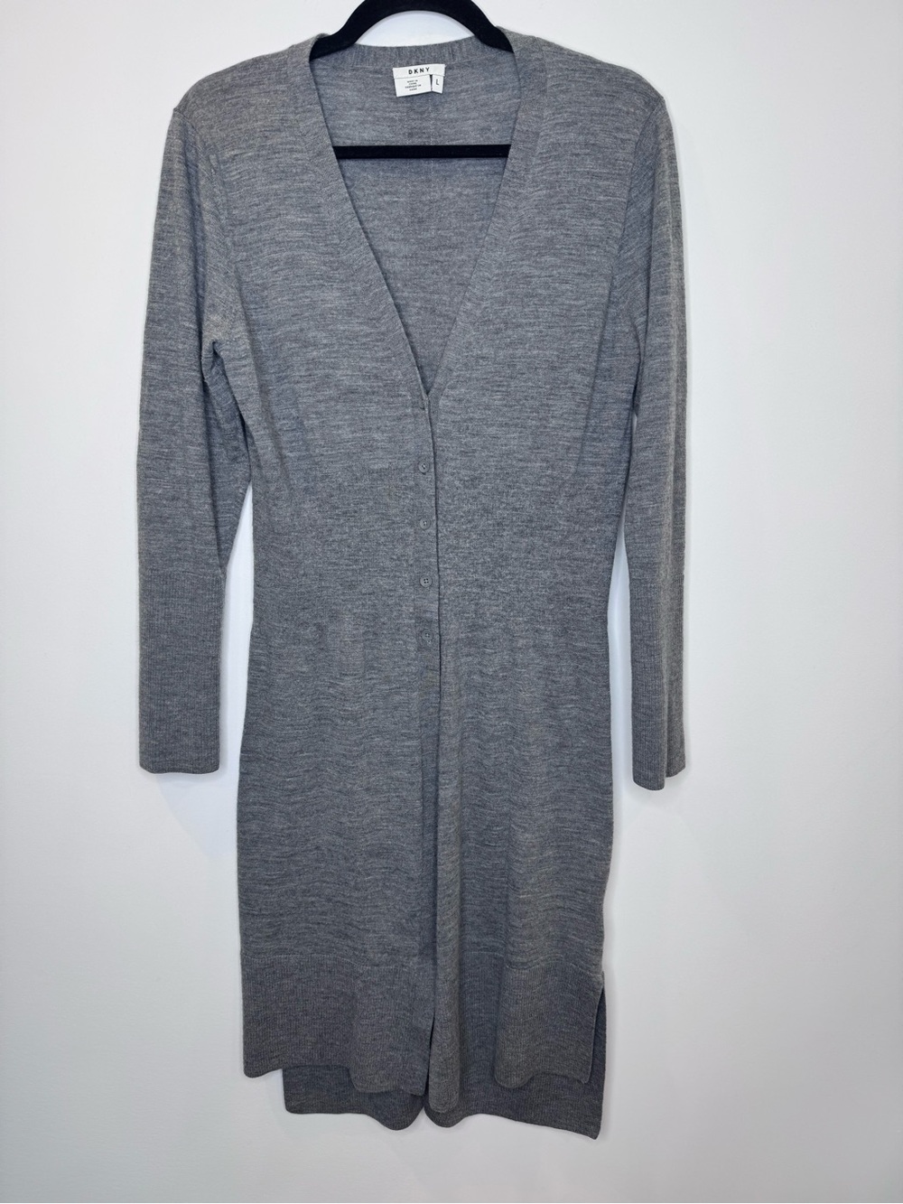 DKNY merino wool Long Gray Open-Front Women's Cardigan sz large - Picture 2 of 9